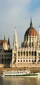 Hungarian Parliament building with river view and clear sky.