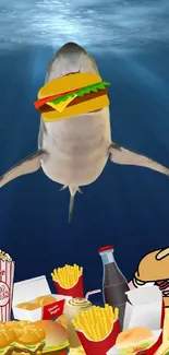 Shark with hamburger head surrounded by fast food in the ocean.