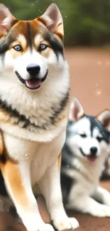 Three beautiful huskies in a forest setting with vibrant fur colors.