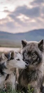 Husky and wolf in a serene landscape.