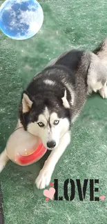 A husky with a ball on green grass under a moonlight sky, with the word love.