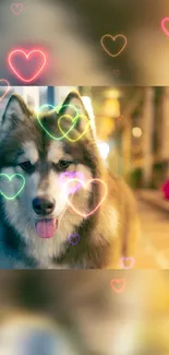 Fluffy husky with colorful neon heart overlay wallpaper.