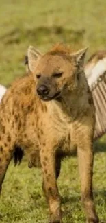 Hyena with vulture wings in a grassland setting.