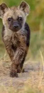 Hyena walking in the wild, close-up view.