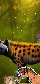 Cartoon hyena in magical forest with stars.