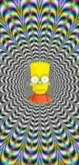 Colorful hypnotic optical illusion with cartoon center.