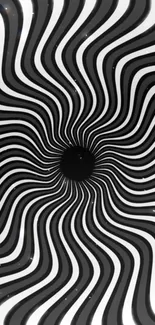 Hypnotic black and white spiral wallpaper with optical illusion effect.