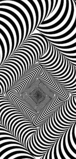 Hypnotic black and white swirl optical illusion wallpaper for mobile.