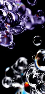 3D bubbles with reflections on black background for mobile wallpaper.