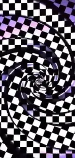 Hypnotic black and white checkered spiral design wallpaper.