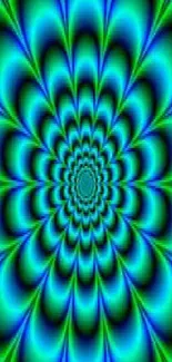 Hypnotic green and blue spiral pattern wallpaper.