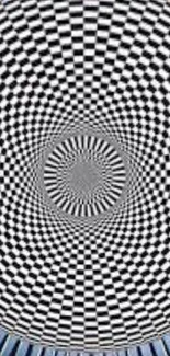 Mesmerizing black and white checkered spiral wallpaper with optical illusion effect.