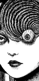 Hypnotic spiral manga-inspired face illustration in black and white.