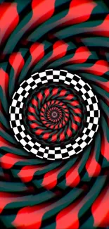 Hypnotic red and black spiral pattern wallpaper.