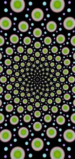 Hypnotic spiral pattern with colorful dots on black background.