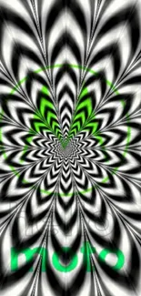 Black and white spiral wallpaper with green accents for mobile phones.