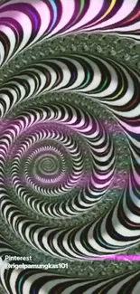 Hypnotic spiral wallpaper in pink and green, perfect for your mobile phone screen.