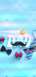 Light blue Father's Day wallpaper with gifts and message 'I Love Dad'.