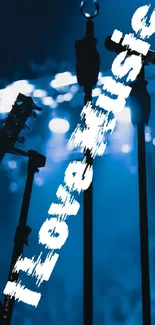 Music-themed phone wallpaper with guitars and mics on a blue-lit stage.