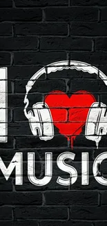 I Love Music wallpaper with a heart and headphones on a brick wall.