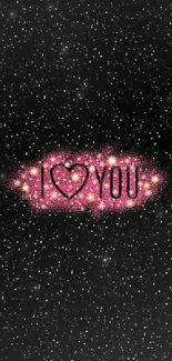 I Love You glitter wallpaper with pink sparkles and black starry background.