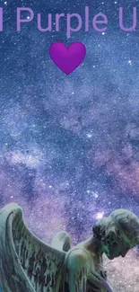 I Purple U wallpaper with starry sky and angel statue.