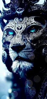 Intricate ice blue lion artwork with regal and fantasy elements.