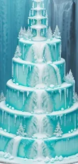 Icy blue cake in a frozen waterfall landscape wallpaper.