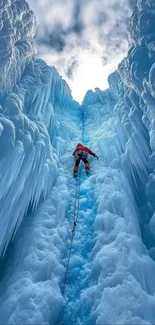 Man climbing in icy blue canyon under cloudy sky.