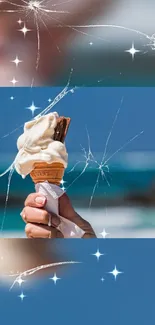 Ice cream cone with stars on a beach background.