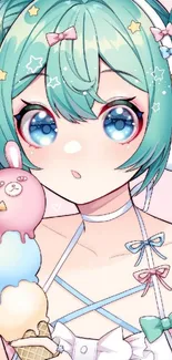 Cute anime girl with turquoise hair holding ice cream.