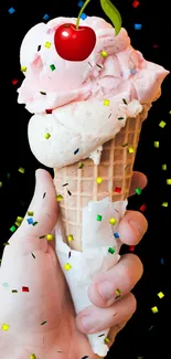 Hand holding ice cream cone with confetti.