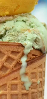 A mint and mango ice cream cone with a blue background.