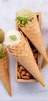 Pistachio ice cream cones in creative arrangement.