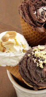 Four ice cream cones in a cup on a wooden table.