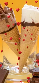 Dual ice cream cones on vibrant yellow background with chocolate pieces.