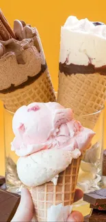 Chocolate and vanilla ice cream cones with chocolate pieces on a yellow background.