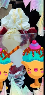 Vibrant ice cream sundae with cartoon elements on mobile wallpaper.