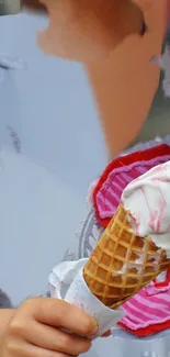 Close-up of a hand holding a vibrant ice cream cone against a blurred background.