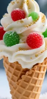 Ice cream cone with berry toppings