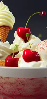 Colorful ice cream sundae with cherries and cones.