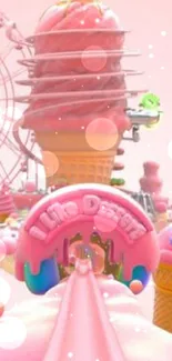 Pastel world of giant ice cream cones and ferris wheel in dreamy theme park.