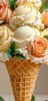 Ice cream scoops and roses forming a bouquet in a cone.