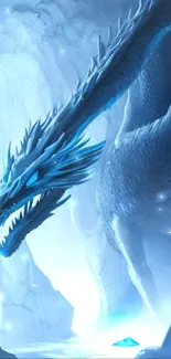 Majestic ice dragon in icy cavern wallpaper.