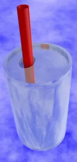 A refreshing ice drink with a red straw on a blue background.