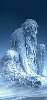 Icy giant sculpture on snowy mountain landscape.