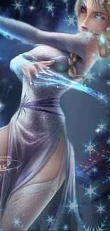 Fantasy ice magic artwork for mobile wallpaper featuring mystical woman.