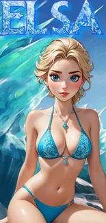 Ice princess in icy blue bikini on a fantasy-themed mobile wallpaper.