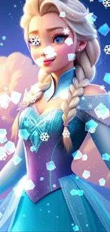 Ice princess in a sparkling blue dress with a dreamy cloud background.