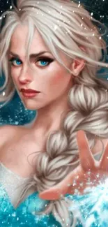 Fantasy art of ice queen with blue eyes and white hair.